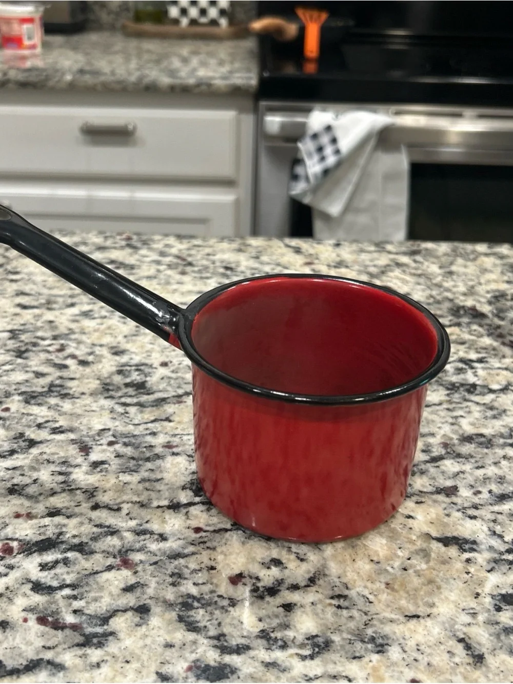 VINTAGE RED & BLACK ENAMELWARE MILK PAN OR BUTTER/CREAM WARMING POT- 4